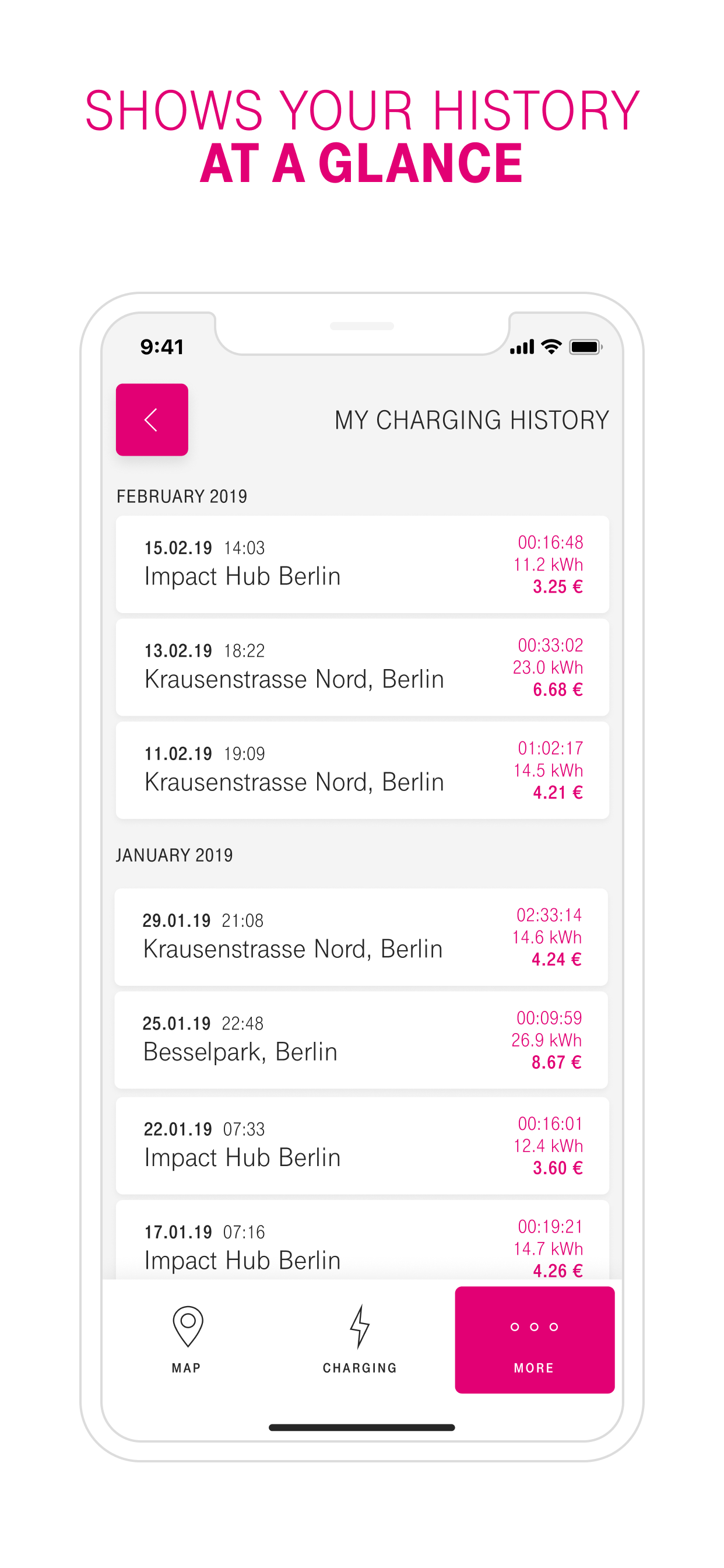 Charging history — past sessions and billing summary