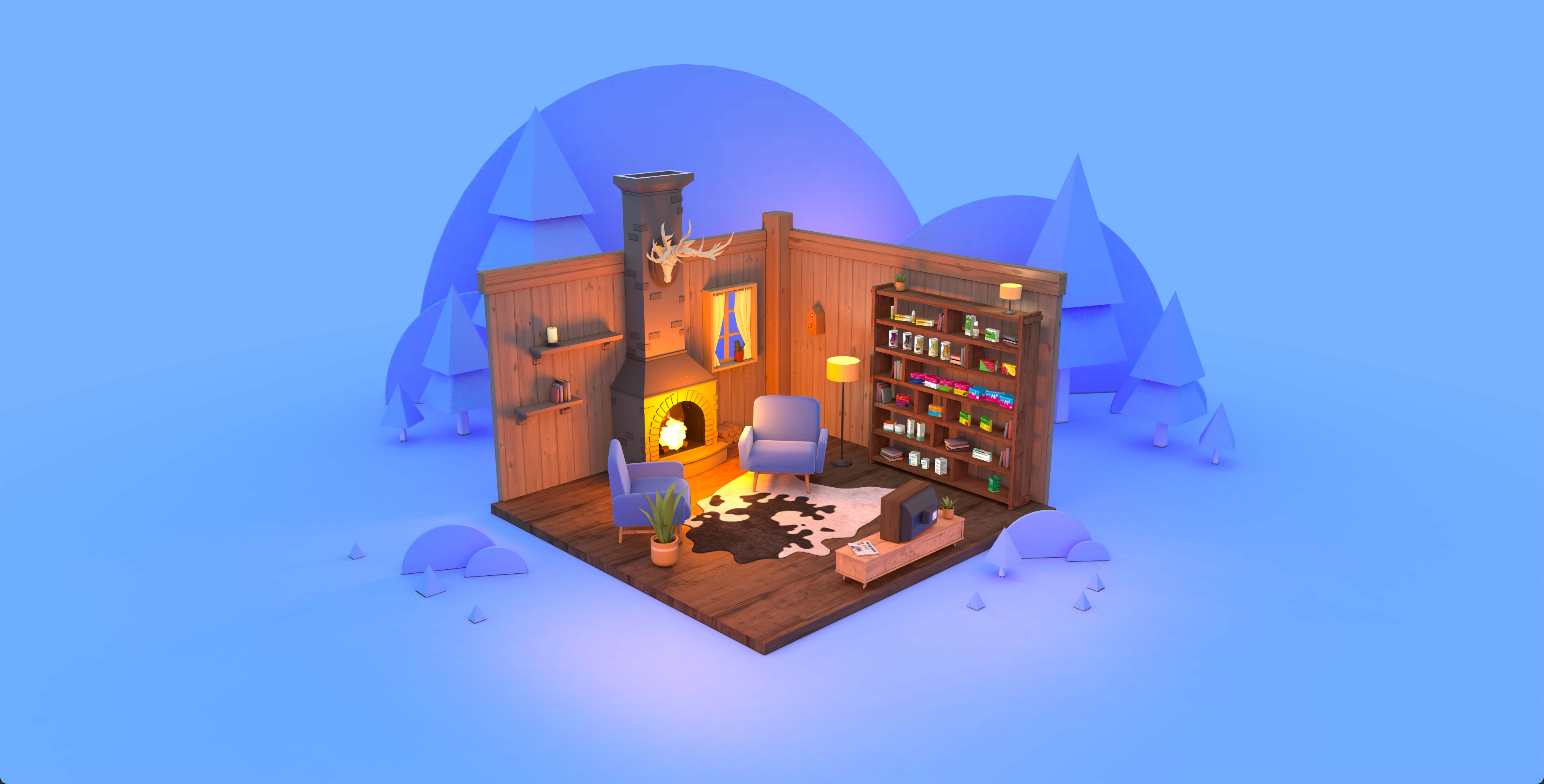 Digital Chalet — 3D isometric illustration of a cozy alpine chalet interior